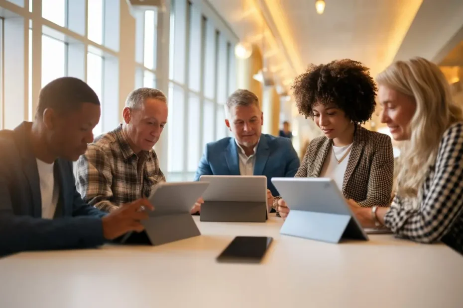 People using free government tablets for work and study in a modern indoor space.