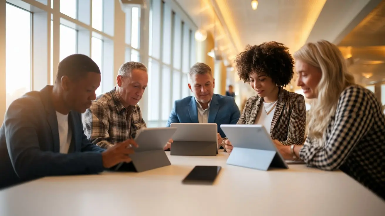 People using free government tablets for work and study in a modern indoor space.