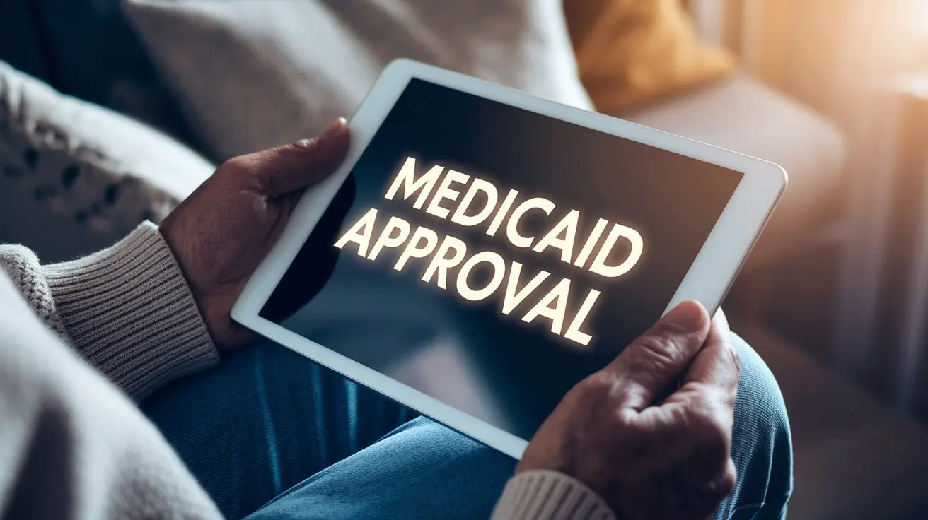 Person holding a free government tablet with a Medicaid approval message on the screen.