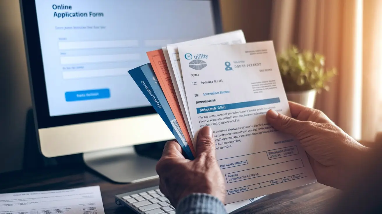 Hands holding ID, utility bill, and Medicaid approval letter for free tablet application.