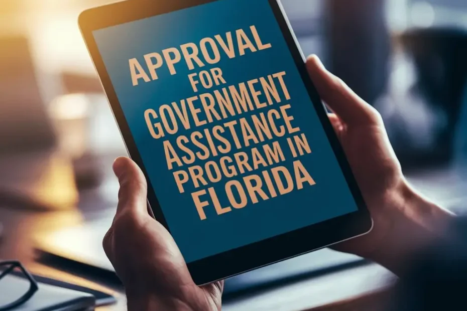Get a Free Government Tablet in Florida – Apply Today 26 A close-up of a hand holding a sleek tablet with a digital approval message for a government assistance program in Florida. The blurred background suggests an office setting, emphasizing accessibility.