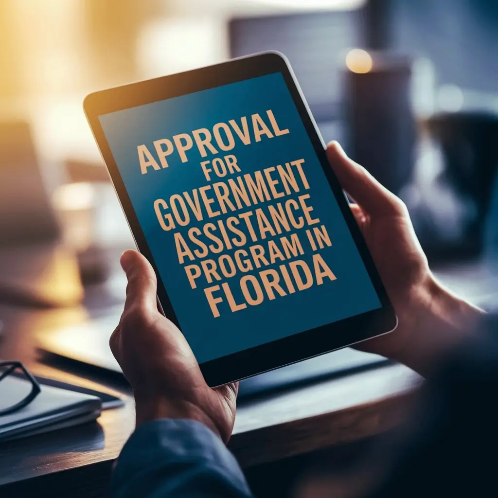 A close-up of a hand holding a sleek tablet with a digital approval message for a government assistance program in Florida. The blurred background suggests an office setting, emphasizing accessibility.