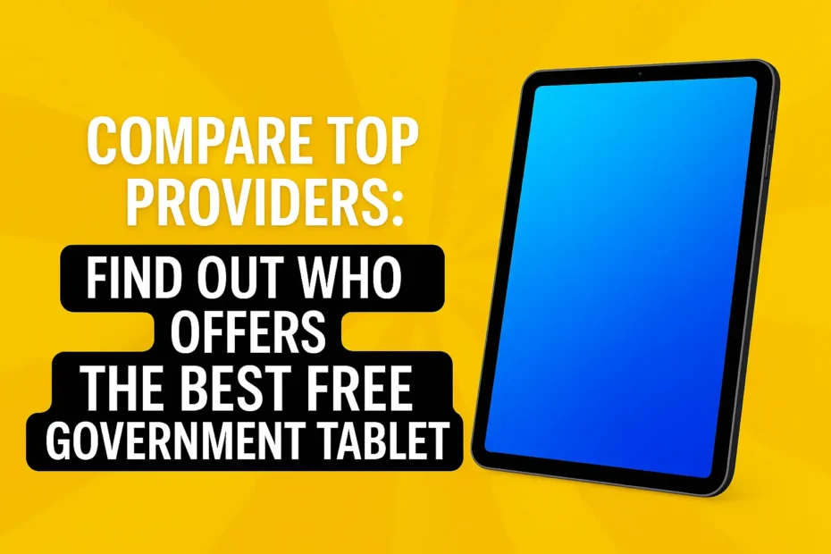Best Free Government Tablet Providers 2025 | Compare & Apply 22 Thumbnail showing a blue tablet on a yellow background with text reading "Compare Top Providers: Find Out Who Offers the Best Free Government Tablet."