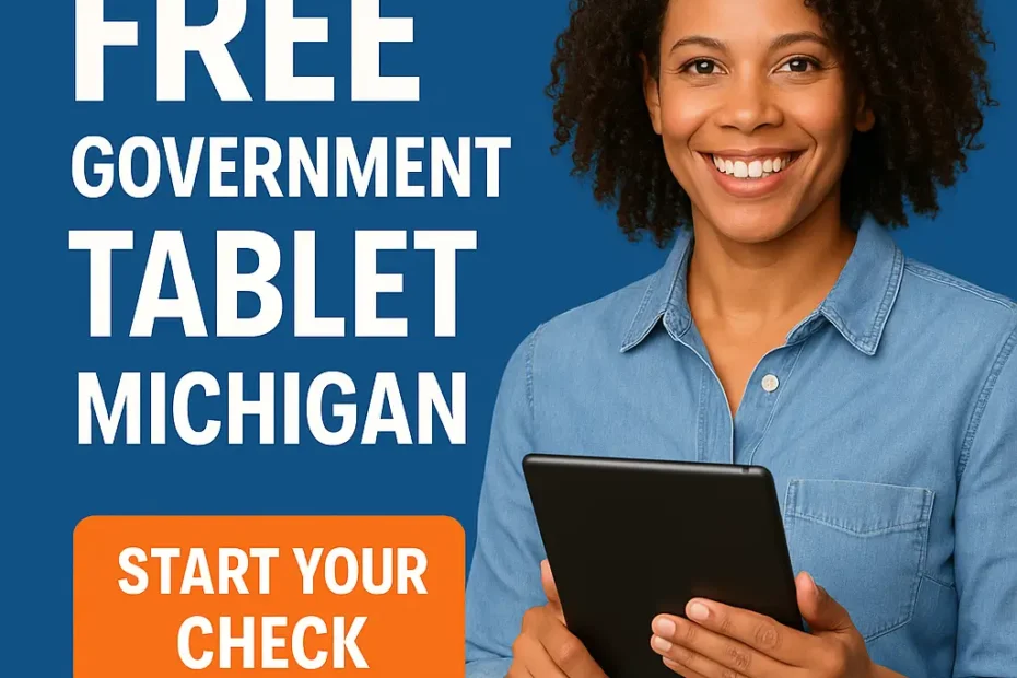 Free Government Tablet Michigan 2025 – Apply Online Today 15 Smiling woman in blue shirt holding a tablet beside text “Free Government Tablet Michigan” with an orange “Start Your Check” button on a blue background.