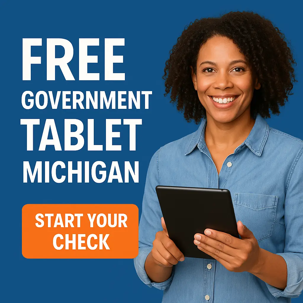 Smiling woman in blue shirt holding a tablet beside text “Free Government Tablet Michigan” with an orange “Start Your Check” button on a blue background.