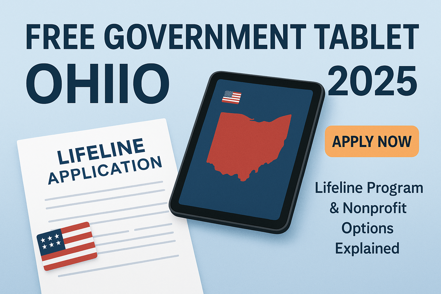 Thumbnail image showing a tablet with an Ohio state outline, a Lifeline application form, and the text “Free Government Tablet Ohio 2025 – Apply Now” on a blue background.