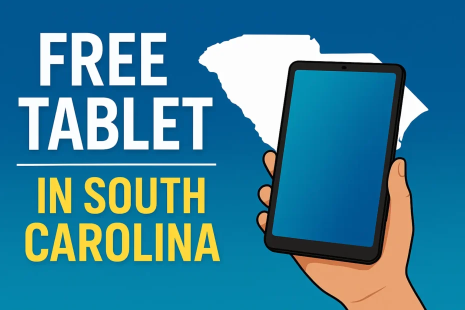 Free Government Tablet South Carolina | Eligibility & Apply 6 A hand holding a tablet in front of a white South Carolina map with bold text reading “Free Tablet in South Carolina” on a blue background.