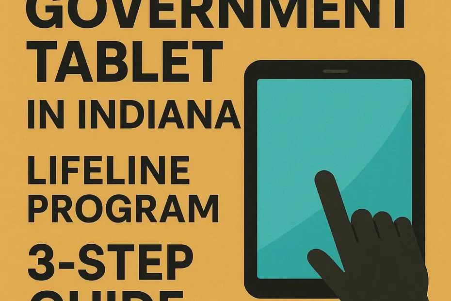 Free Government Tablet Indiana 2025 – Apply Now 17 Graphic thumbnail for “Free Government Tablet in Indiana 2025” showing a tablet icon, hand illustration, and apply button promoting the Lifeline Program 3-Step Guide.