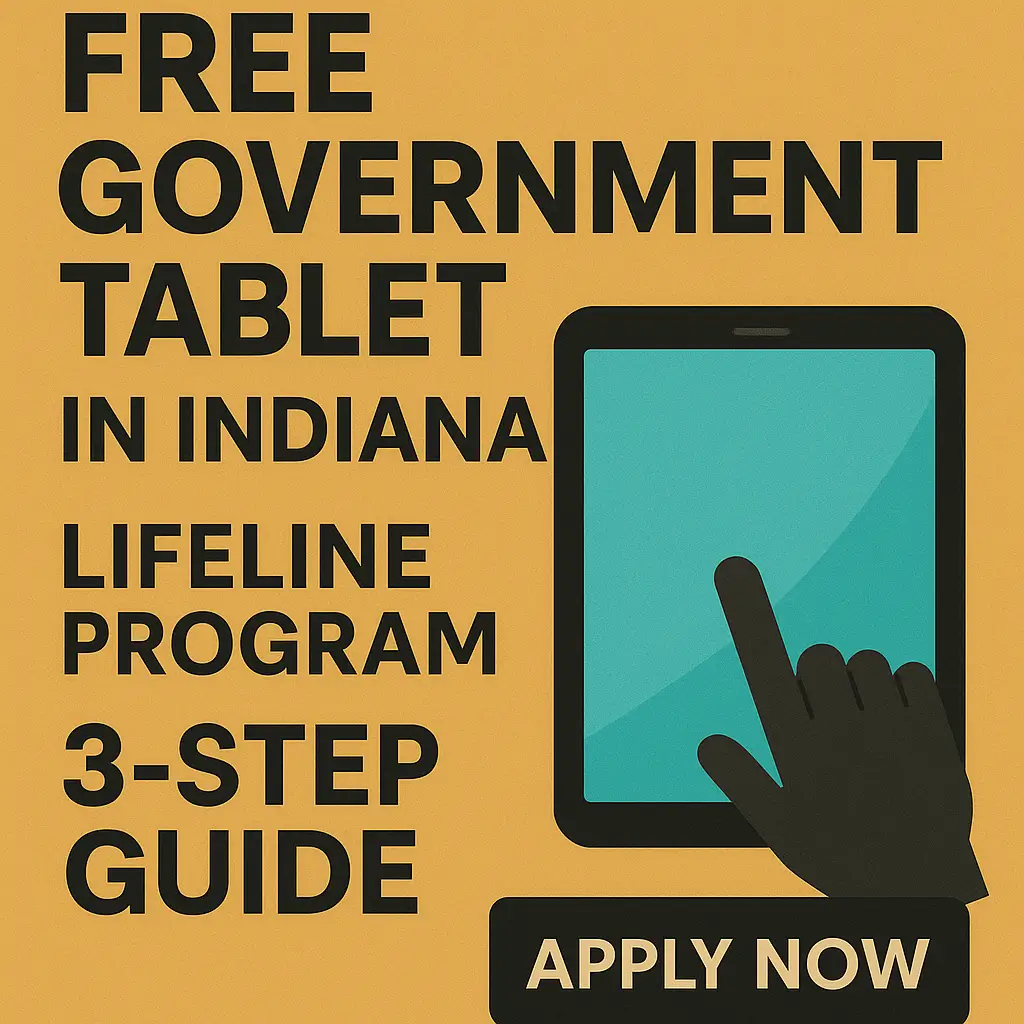 Graphic thumbnail for “Free Government Tablet in Indiana 2025” showing a tablet icon, hand illustration, and apply button promoting the Lifeline Program 3-Step Guide.