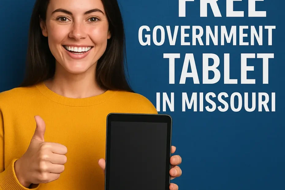 Free Government Tablet in Missouri 2025 – Lifeline Help 12 Smiling young woman holding a tablet with text “Free Government Tablet in Missouri,” representing the Lifeline 2025 program for Missouri residents