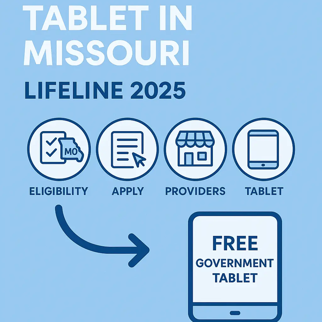 Simple infographic showing how to apply for a free government tablet in Missouri through the Lifeline 2025 program with icons for eligibility, application, and tablet delivery