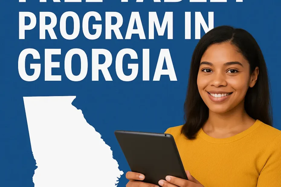 Free Government Tablet Georgia – Apply Now 2025 9 A smiling woman holding a tablet in front of a blue background with text reading “Free Tablet Program in Georgia” and a white Georgia state outline.