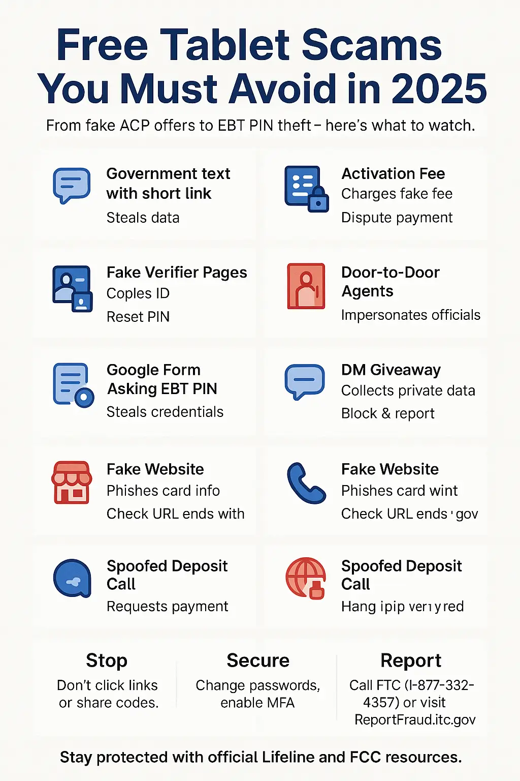 Infographic showing 10 types of fake tablet scams, warning icons, and safety steps for U.S. Lifeline users.