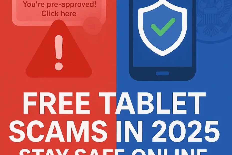 Alert image showing fake “Free Tablet” ad with warning icon and secure device to illustrate scam awareness.