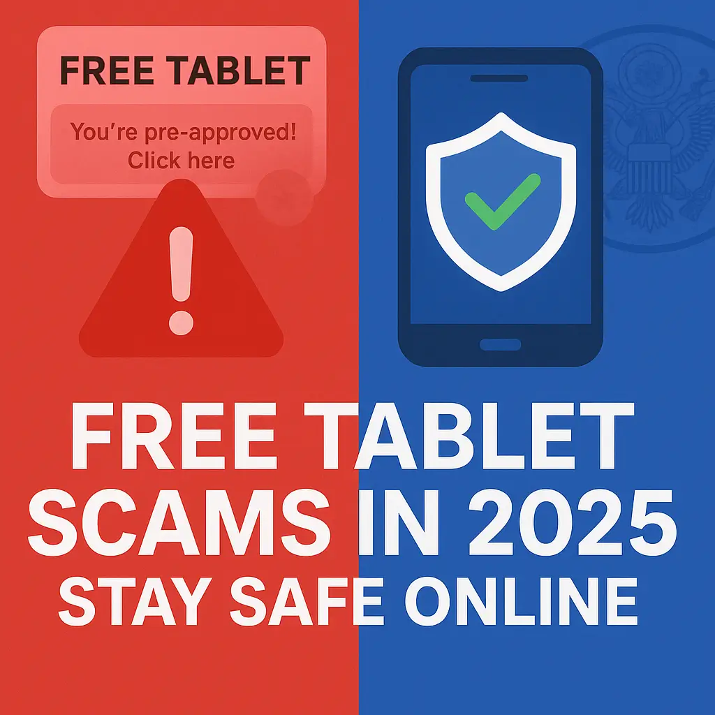 Alert image showing fake “Free Tablet” ad with warning icon and secure device to illustrate scam awareness.