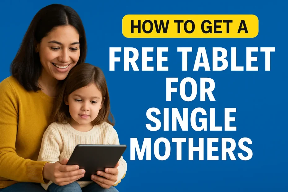 Free Government Tablet for Single Mothers – Apply Online 3 Single mother and child smiling while using a tablet, representing free government tablet programs for single moms in the United States 2025.