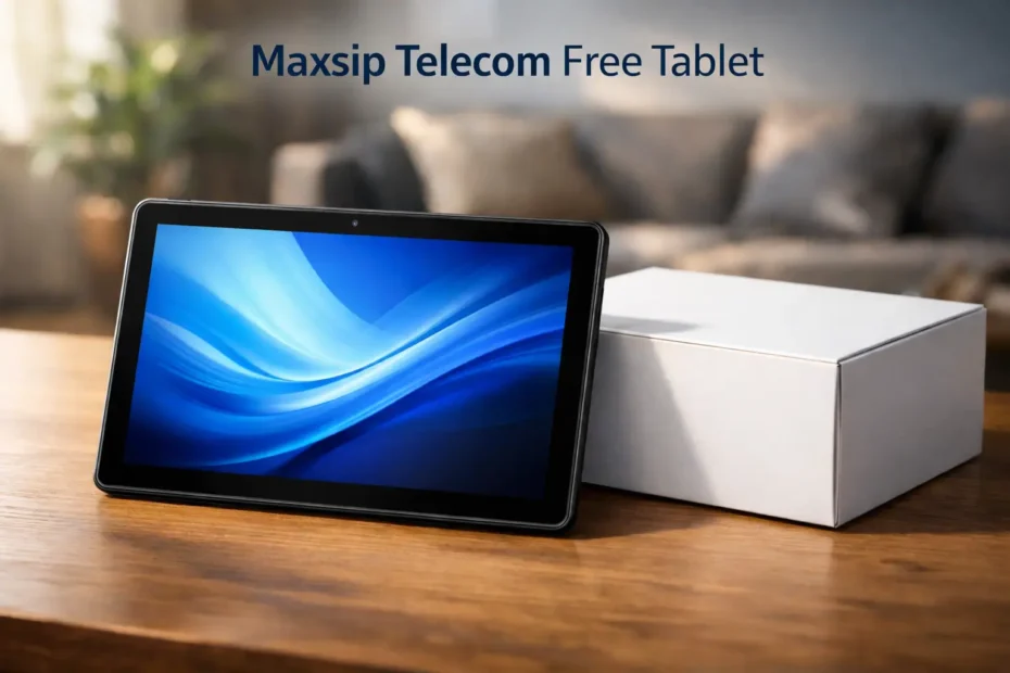 Maxsip Telecom free Android tablet displayed with shipping box on wooden table for Lifeline program users
